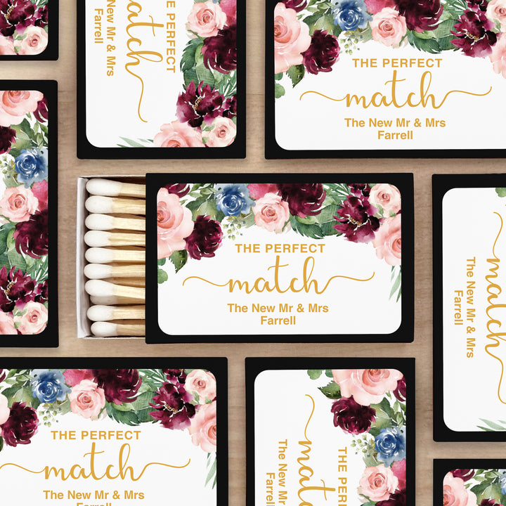 Wedding Favor Matches, Burgundy Floral (Set of 50)