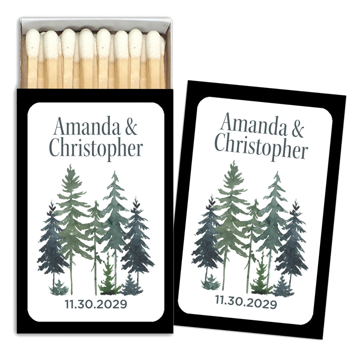 Watercolor Pine Trees Wedding Matches - Set of 50