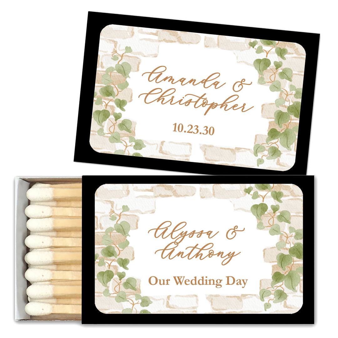 Wedding Favor Matches, Personalized Matchboxes, Garden Wedding, Bridal Shower, Birthday, Stone Wall with Vines - Set of 50