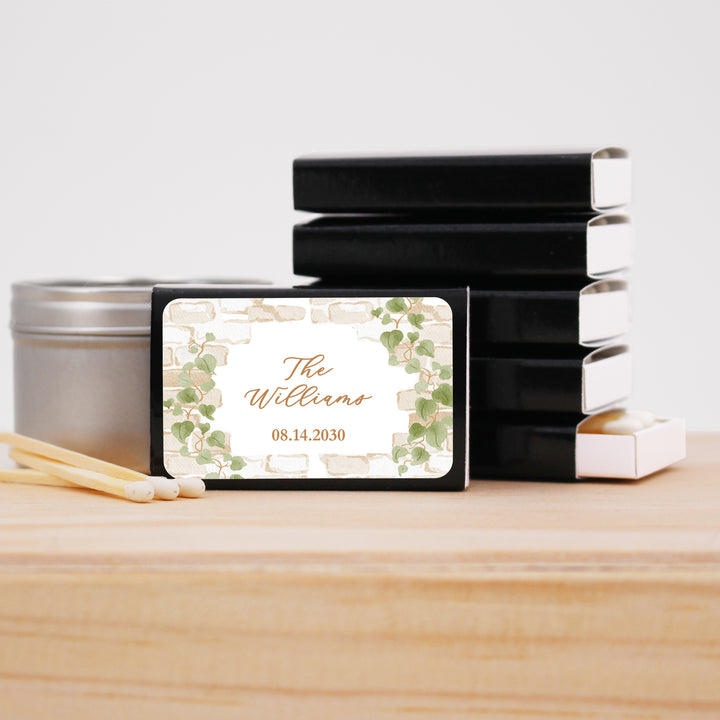 Wedding Favor Matches, Personalized Matchboxes, Garden Wedding, Bridal Shower, Birthday, Stone Wall with Vines - Set of 50