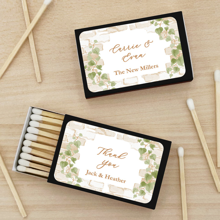 Wedding Favor Matches, Personalized Matchboxes, Garden Wedding, Bridal Shower, Birthday, Stone Wall with Vines - Set of 50
