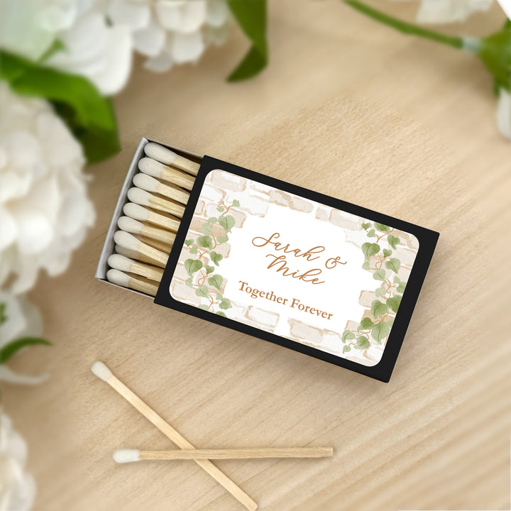 Wedding Favor Matches, Personalized Matchboxes, Garden Wedding, Bridal Shower, Birthday, Stone Wall with Vines - Set of 50