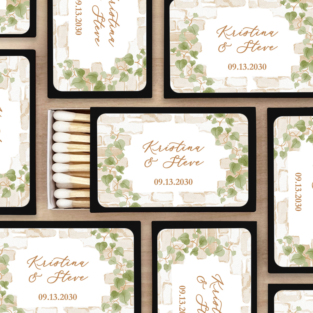 Wedding Favor Matches, Personalized Matchboxes, Garden Wedding, Bridal Shower, Birthday, Stone Wall with Vines - Set of 50