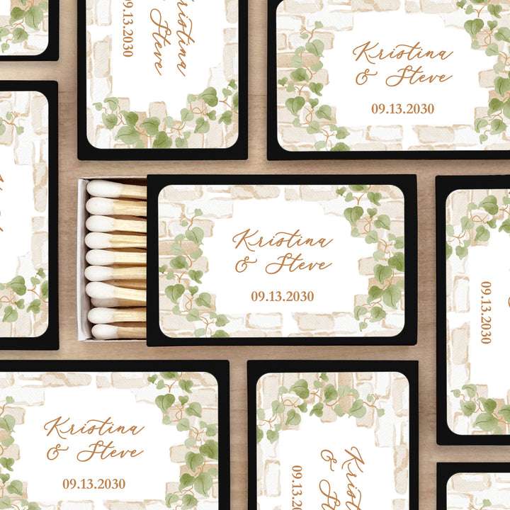 Wedding Favor Matches, Personalized Matchboxes, Garden Wedding, Bridal Shower, Birthday, Stone Wall with Vines - Set of 50