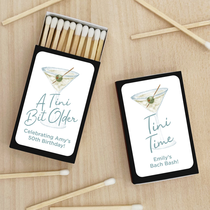 Custom Match Boxes, Bachelorette Favors, Birthday Favors, A Tini Bit Older, Martini Glass - Set of 50