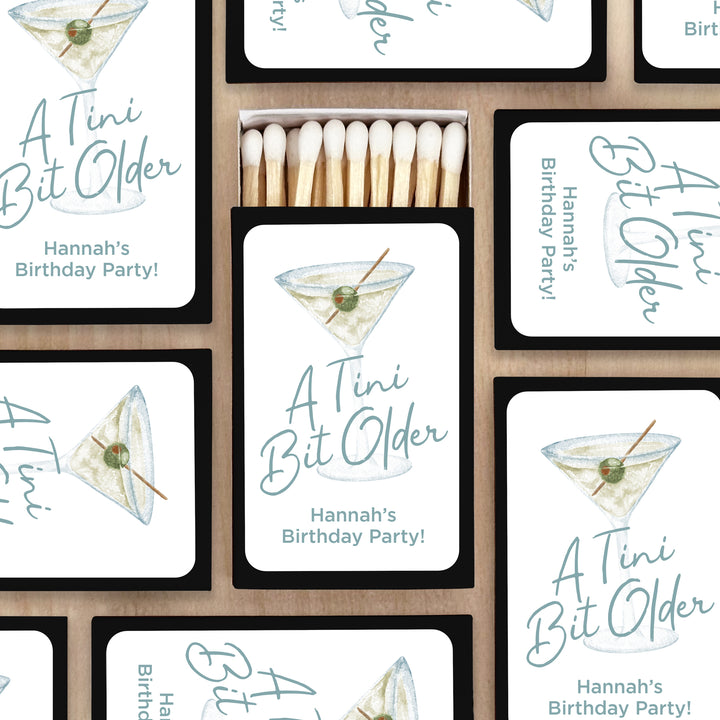 Custom Match Boxes, Bachelorette Favors, Birthday Favors, A Tini Bit Older, Martini Glass - Set of 50