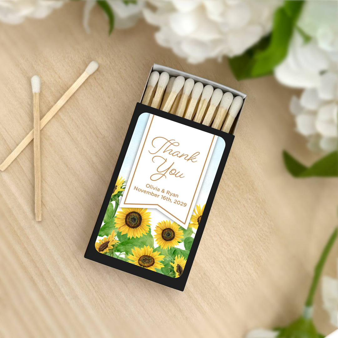 Wedding Favor Matches, Falling in Love, Sunflower Matches (Set of 50)