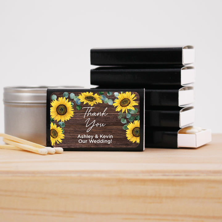 Wedding Favor Matches, Falling in Love, Rustic Sunflower Matches (Set of 50)