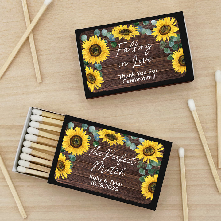 Wedding Favor Matches, Falling in Love, Rustic Sunflower Matches (Set of 50)