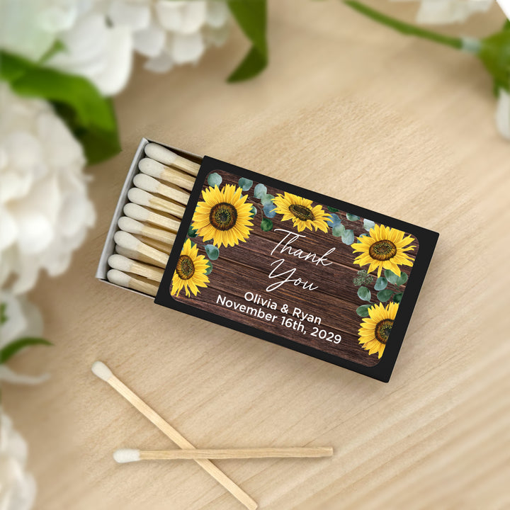 Wedding Favor Matches, Falling in Love, Rustic Sunflower Matches (Set of 50)