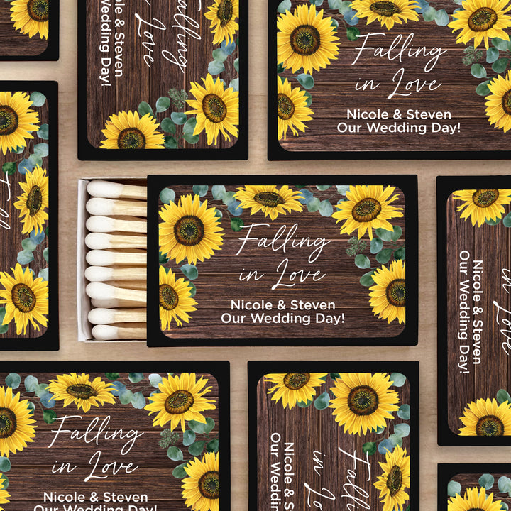 Wedding Favor Matches, Falling in Love, Rustic Sunflower Matches (Set of 50)