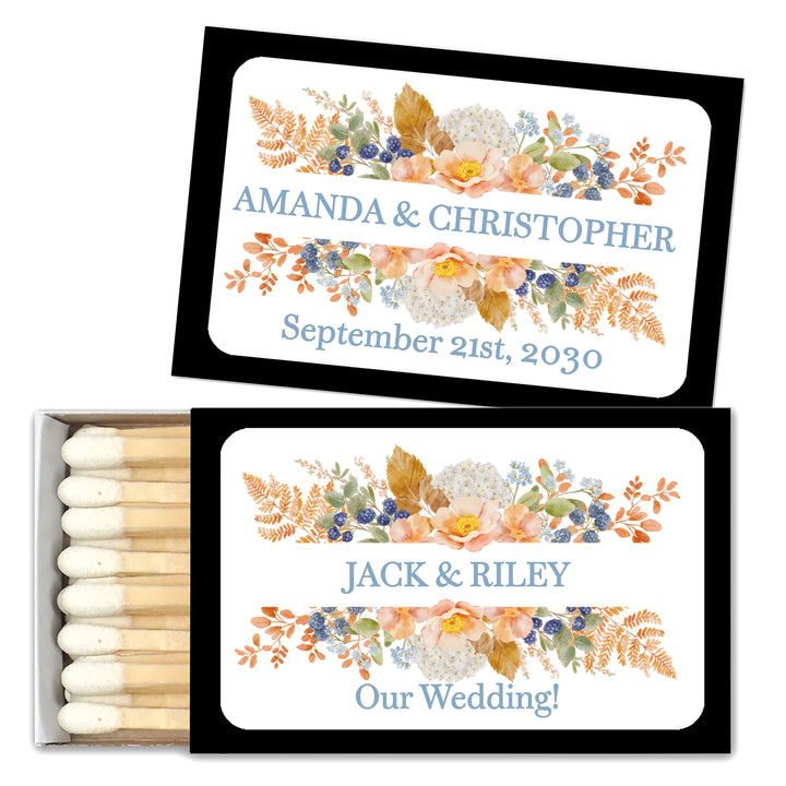 Personalized Wedding Favor Matches, Bridal Shower, Birthday Favors, Peach &amp; Blue Florals, Custom Matchboxes - Set of 50