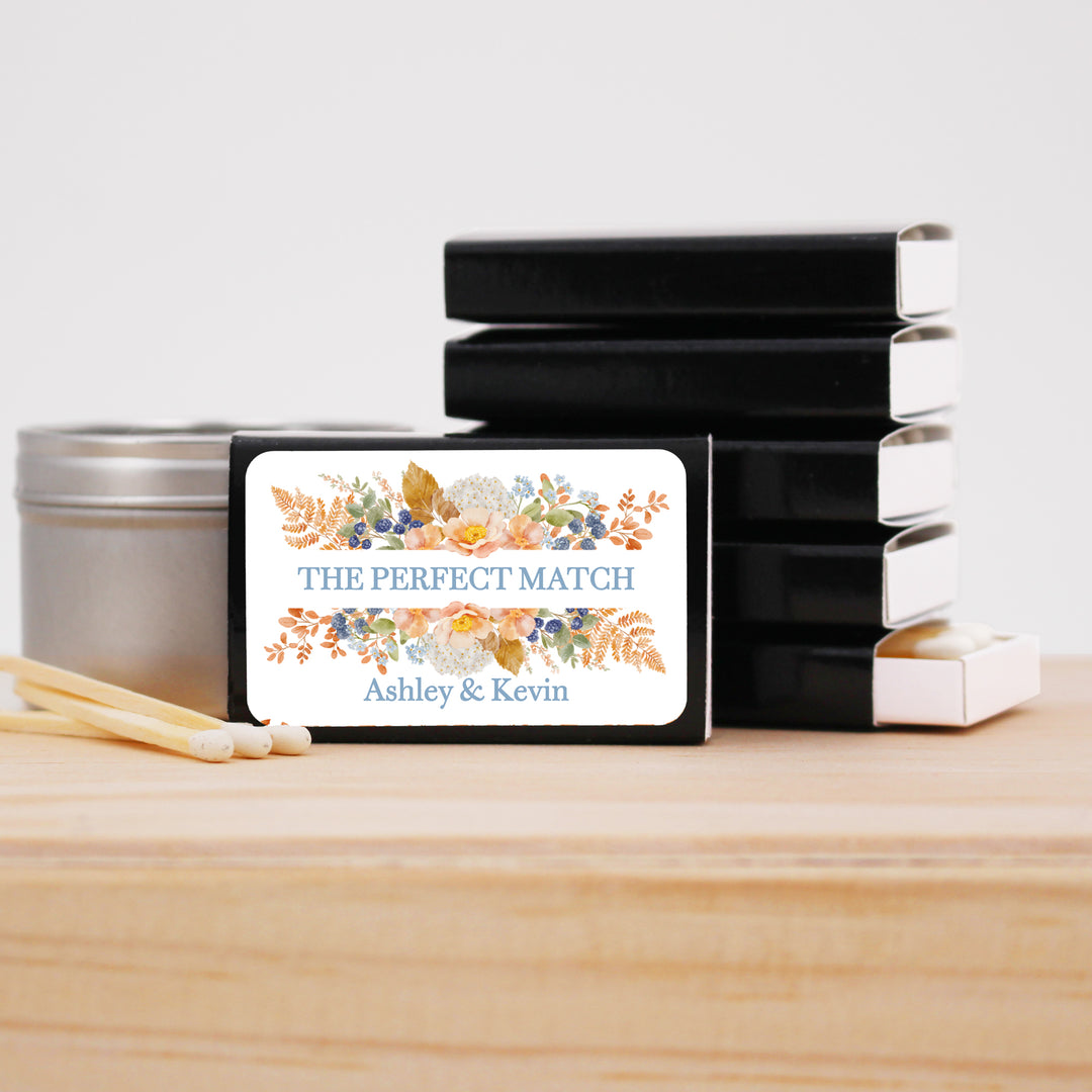 Personalized Wedding Favor Matches, Bridal Shower, Birthday Favors, Peach &amp; Blue Florals, Custom Matchboxes - Set of 50