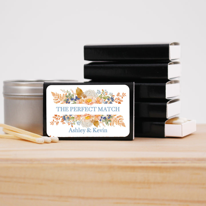 Personalized Wedding Favor Matches, Bridal Shower, Birthday Favors, Peach &amp; Blue Florals, Custom Matchboxes - Set of 50