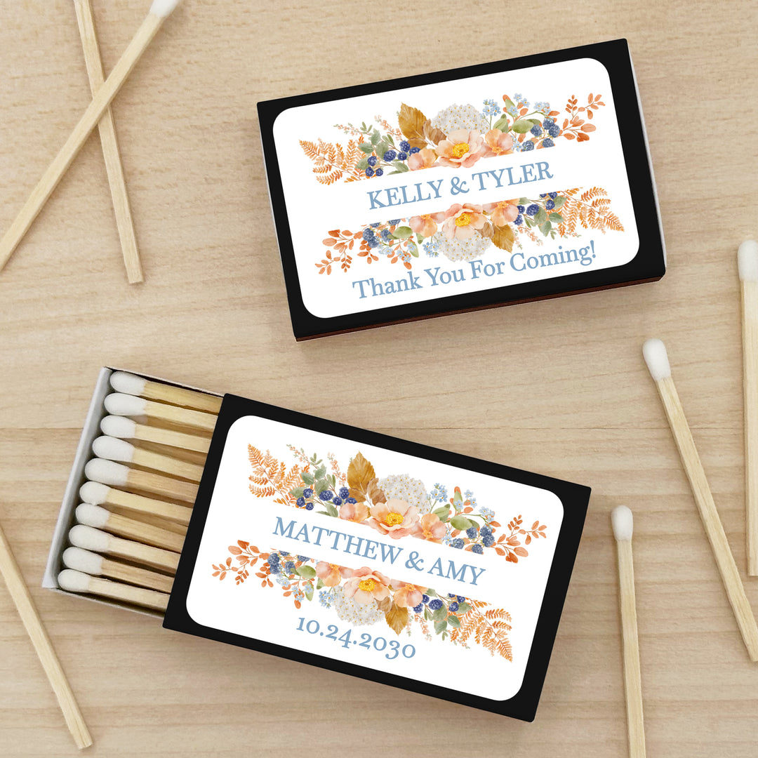 Personalized Wedding Favor Matches, Bridal Shower, Birthday Favors, Peach &amp; Blue Florals, Custom Matchboxes - Set of 50