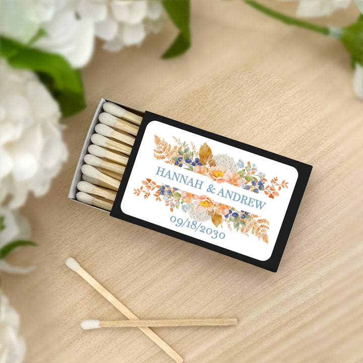 Personalized Wedding Favor Matches, Bridal Shower, Birthday Favors, Peach &amp; Blue Florals, Custom Matchboxes - Set of 50