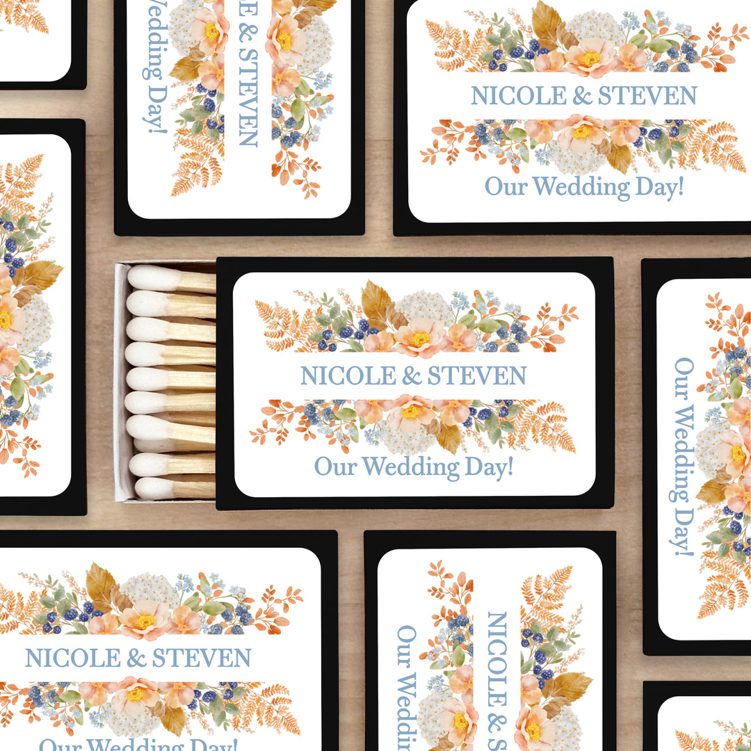 Personalized Wedding Favor Matches, Bridal Shower, Birthday Favors, Peach &amp; Blue Florals, Custom Matchboxes - Set of 50