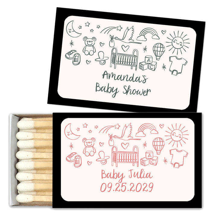 Custom Matchboxes, Baby Shower Favors, Hand Drawn Baby Icon Pattern Sketch (Set of 50)