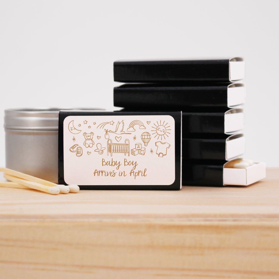Custom Matchboxes, Baby Shower Favors, Hand Drawn Baby Icon Pattern Sketch (Set of 50)