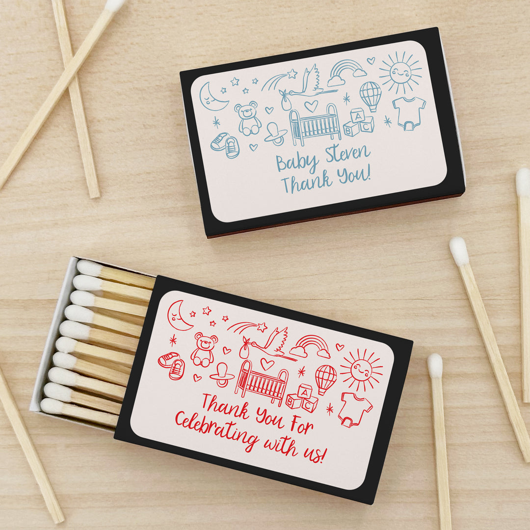 Custom Matchboxes, Baby Shower Favors, Hand Drawn Baby Icon Pattern Sketch (Set of 50)