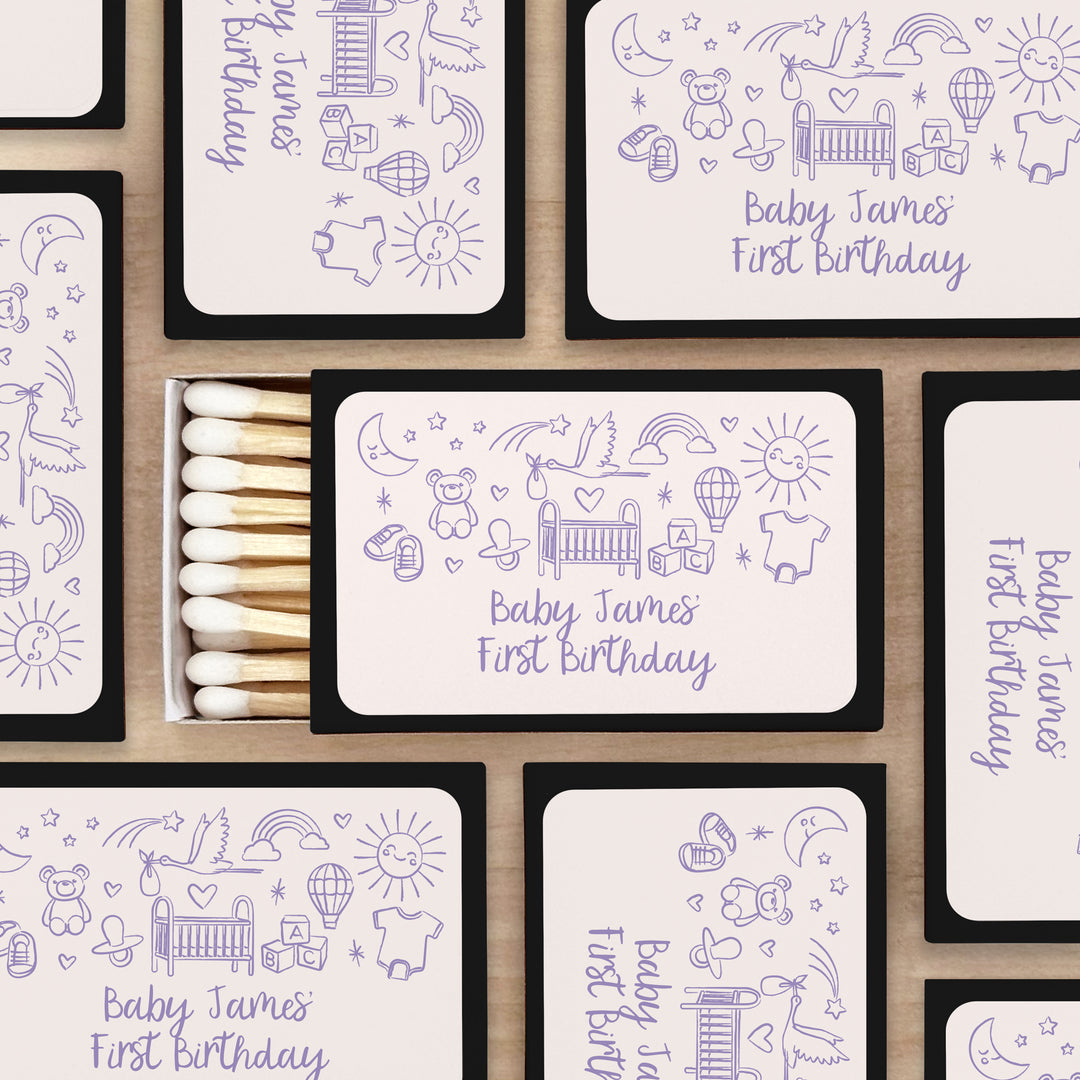 Custom Matchboxes, Baby Shower Favors, Hand Drawn Baby Icon Pattern Sketch (Set of 50)