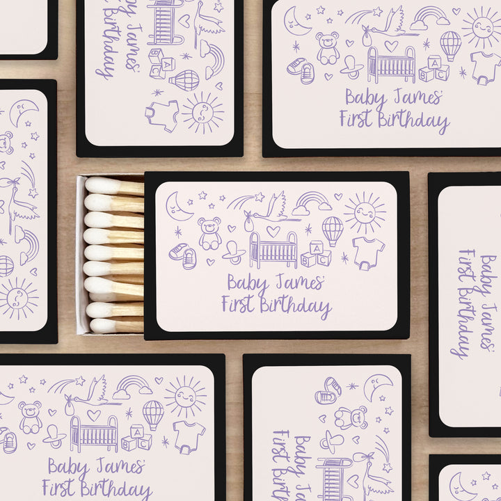 Custom Matchboxes, Baby Shower Favors, Hand Drawn Baby Icon Pattern Sketch (Set of 50)