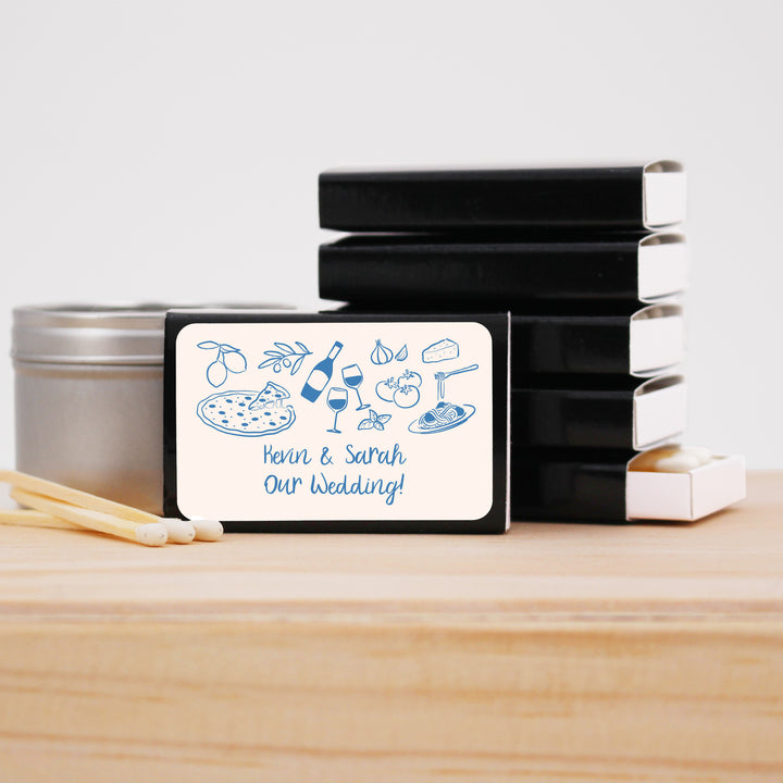 Custom Matchboxes, Italy Party Favors, Hand Drawn Italian Icon Pattern Sketch (Set of 50)