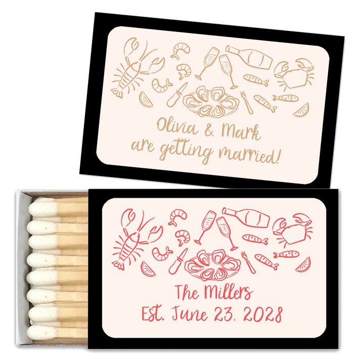 Custom Matchboxes, Coastal Party Favors, Oyster Roast, Hand Drawn Seafood Pattern Sketch (Set of 50)
