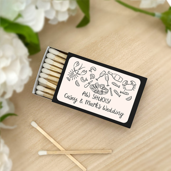 Custom Matchboxes, Coastal Party Favors, Oyster Roast, Hand Drawn Seafood Pattern Sketch (Set of 50)