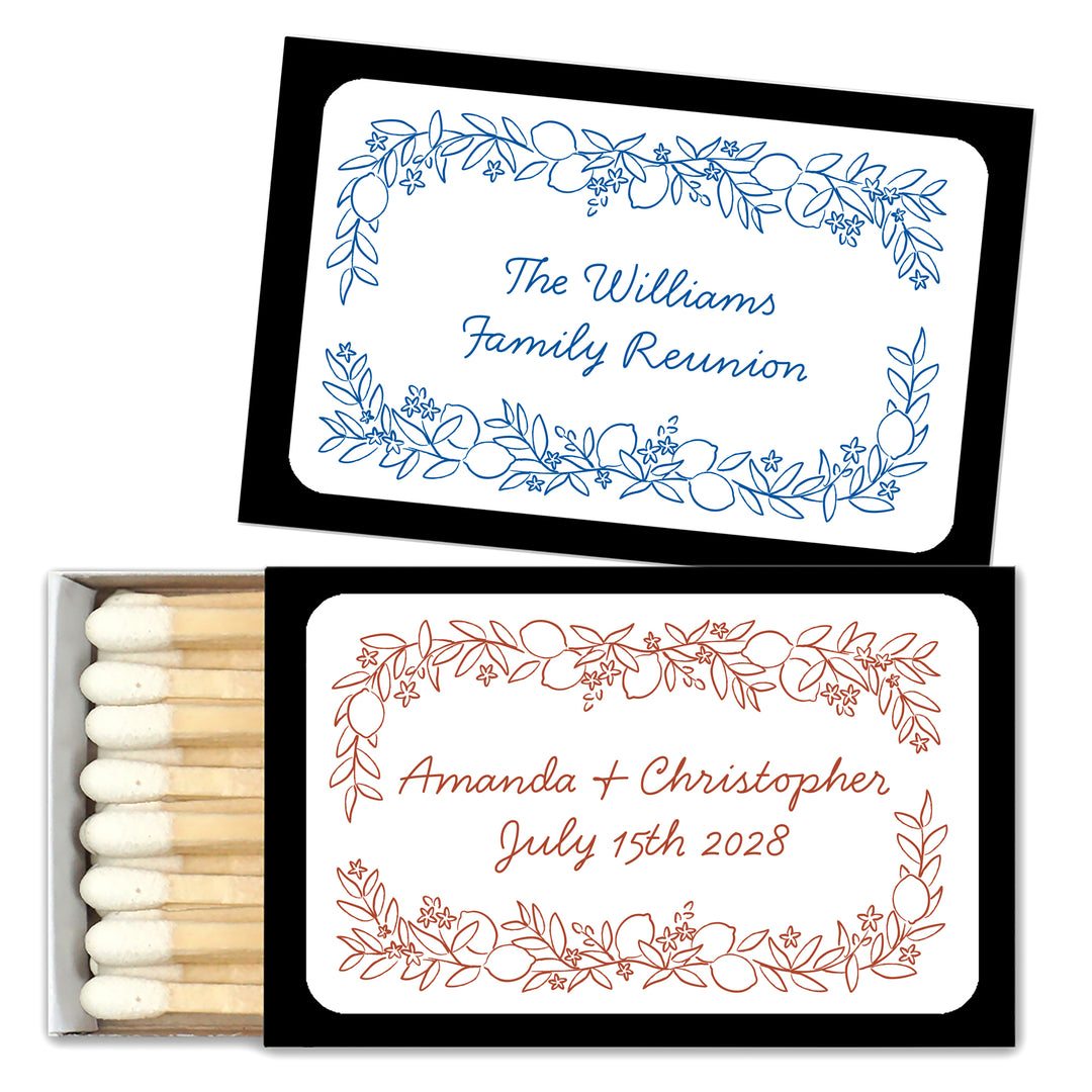 Wedding Favor Matches, Amalfi Coast Sketch Pattern, Hand Drawn Mediterranean Floral Matchboxes