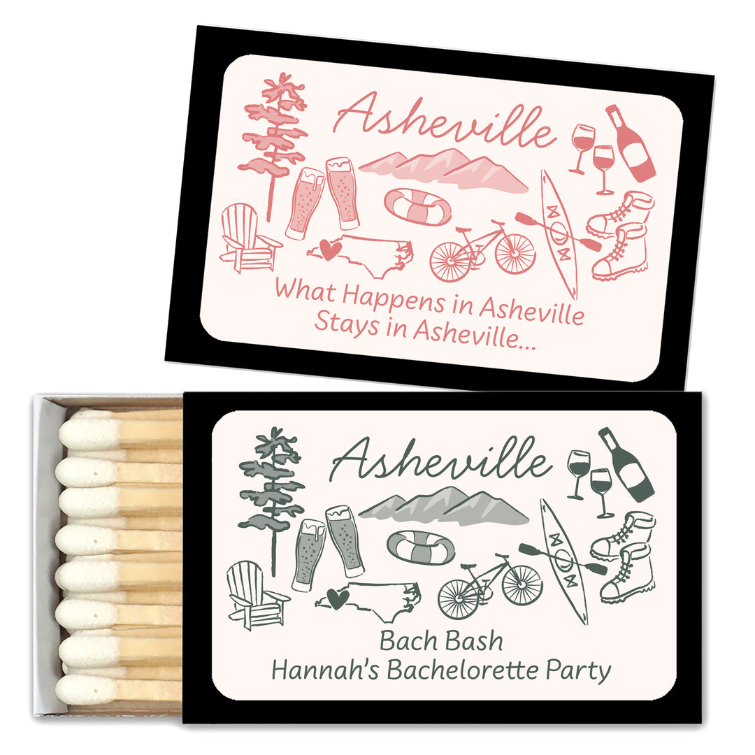 Custom Wedding Matches, Girls Weekend, Hand Drawn Asheville Bachelorette Matches (Set of 50)