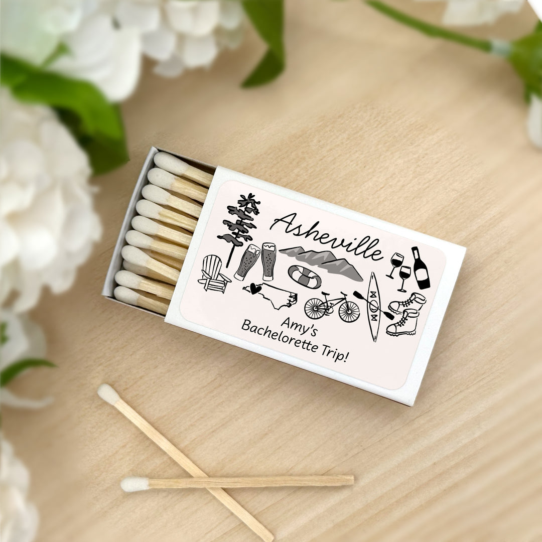 Custom Wedding Matches, Girls Weekend, Hand Drawn Asheville Bachelorette Matches (Set of 50)