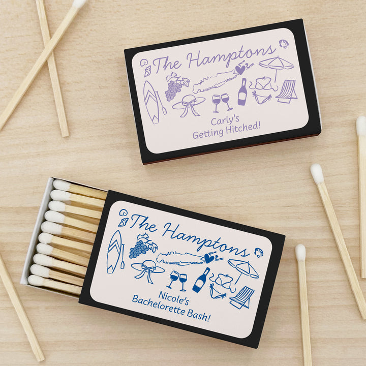 Custom Wedding Matches, Girls Weekend, Hand Drawn Hamptons Bachelorette Matches (Set of 50)