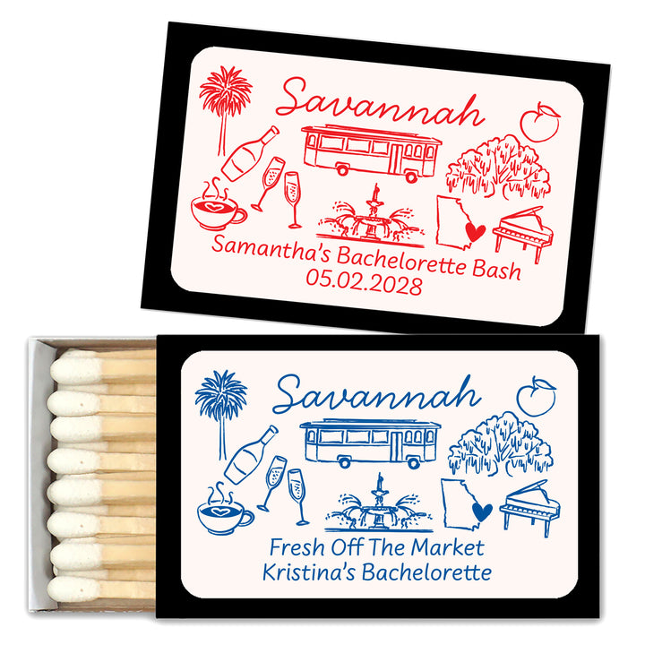 Custom Wedding Matches, Girls Weekend, Hand Drawn Savannah Bachelorette Matches (Set of 50)