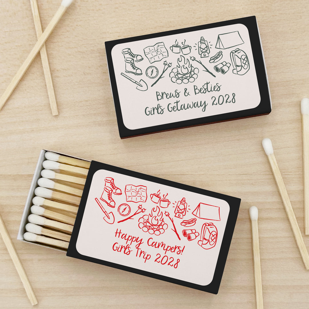 Custom Wedding Matches, Girls Weekend, Hand Drawn Camp Bachelorette Matches (Set of 50)