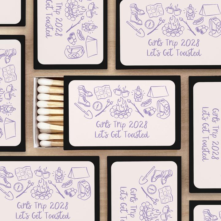 Custom Wedding Matches, Girls Weekend, Hand Drawn Camp Bachelorette Matches (Set of 50)