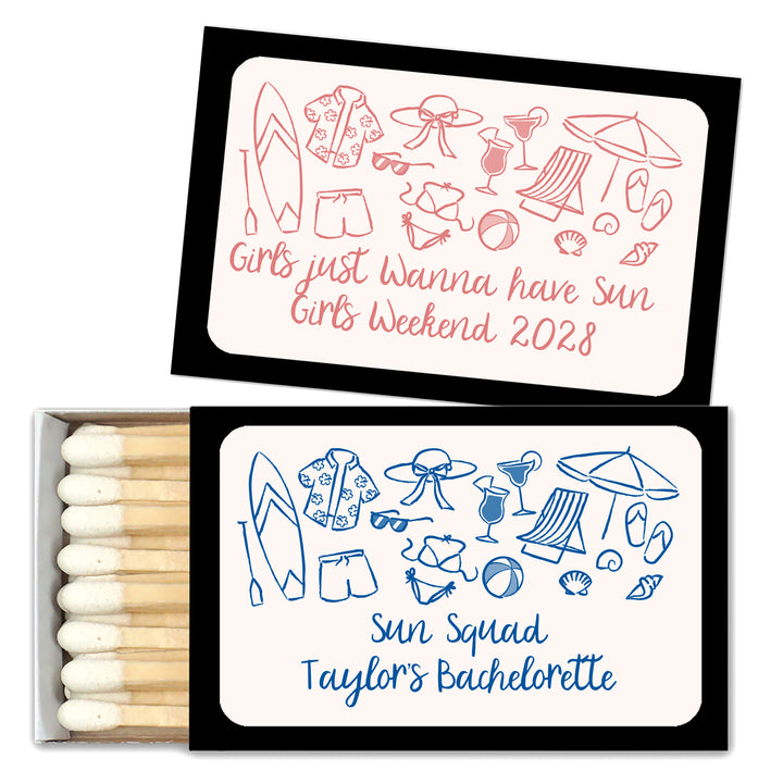 Custom Wedding Matches, Girls Weekend, Hand Drawn Beach Bachelorette Matches (Set of 50)