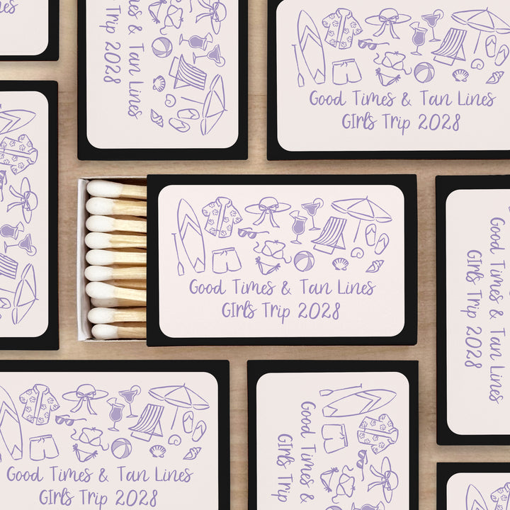 Custom Wedding Matches, Girls Weekend, Hand Drawn Beach Bachelorette Matches (Set of 50)
