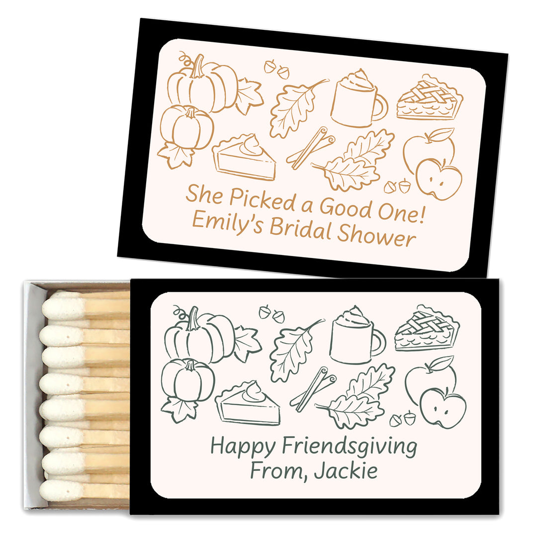 Fall Doodle Matchbox Favors and Gifts, Bridal Shower, Friendsgiving, Baby Shower, Wedding Matches - Set of 50