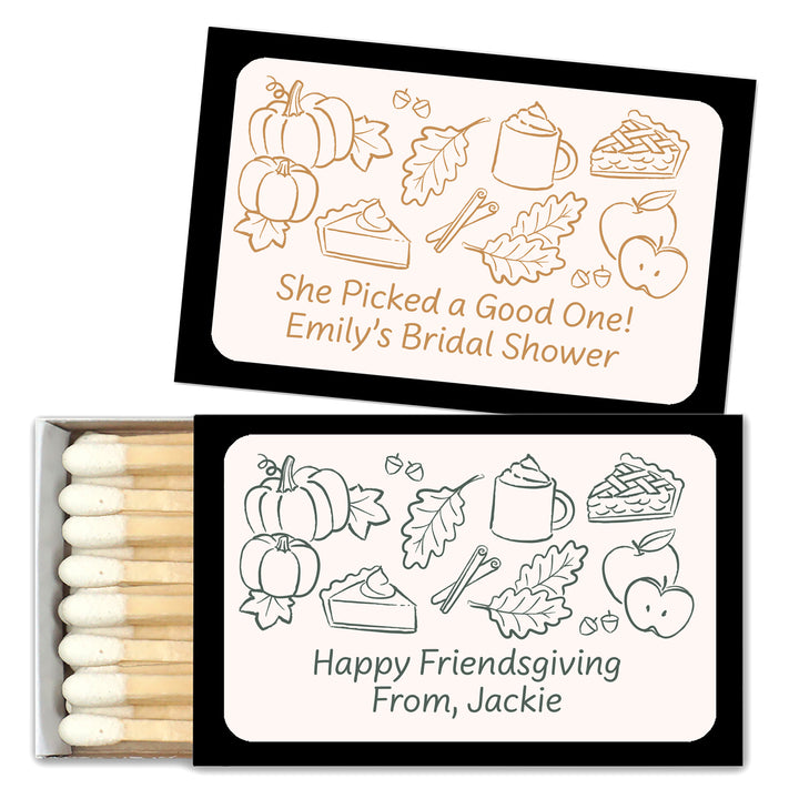 Fall Doodle Matchbox Favors and Gifts, Bridal Shower, Friendsgiving, Baby Shower, Wedding Matches - Set of 50