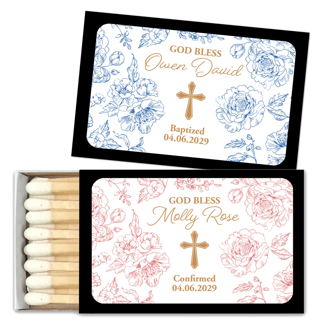 Baptism Favor Matches, First Holy Communion, Chinoiserie Toile Baptism Matches (Set of 50)