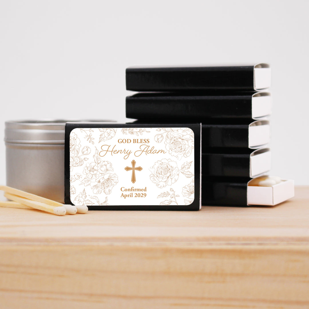 Baptism Favor Matches, First Holy Communion, Chinoiserie Toile Baptism Matches (Set of 50)
