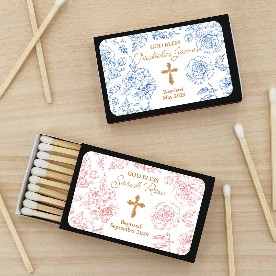 Baptism Favor Matches, First Holy Communion, Chinoiserie Toile Baptism Matches (Set of 50)