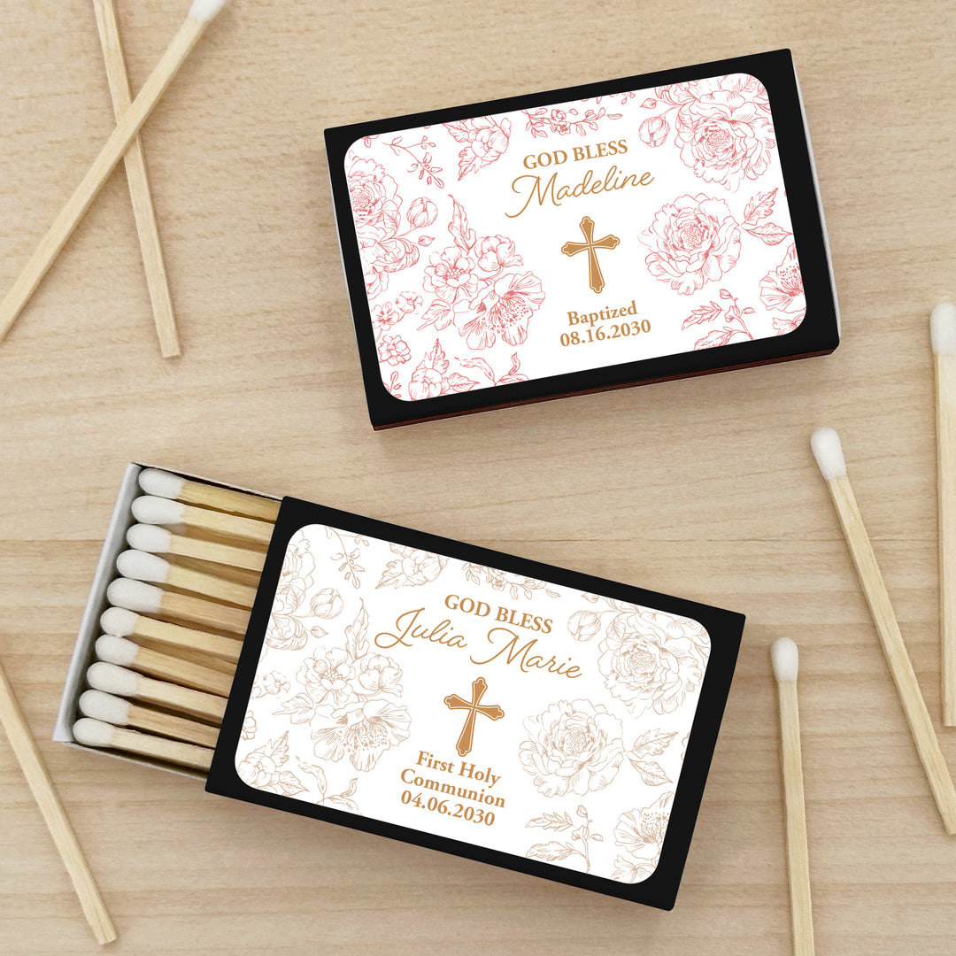 Baptism Favor Matches, First Holy Communion, Chinoiserie Toile Baptism Matches (Set of 50)