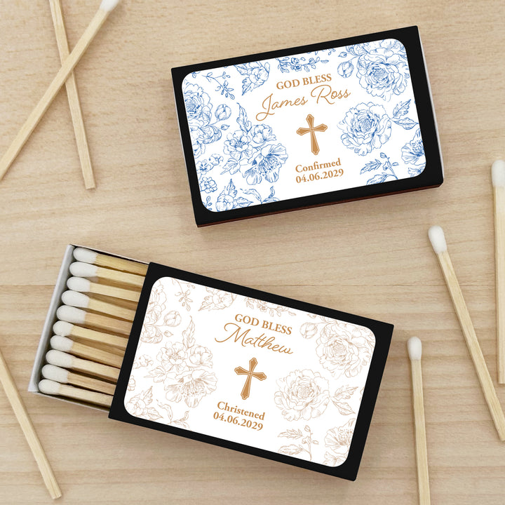 Baptism Favor Matches, First Holy Communion, Chinoiserie Toile Baptism Matches (Set of 50)