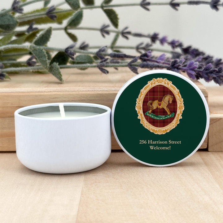 Christmas Party Favors, Custom Holiday Candle Favors, Gold Frame 2oz Mini Lavender Candles