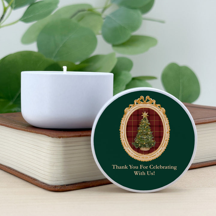 Christmas Party Favors, Custom Holiday Candle Favors, Gold Frame 2oz Mini Lavender Candles