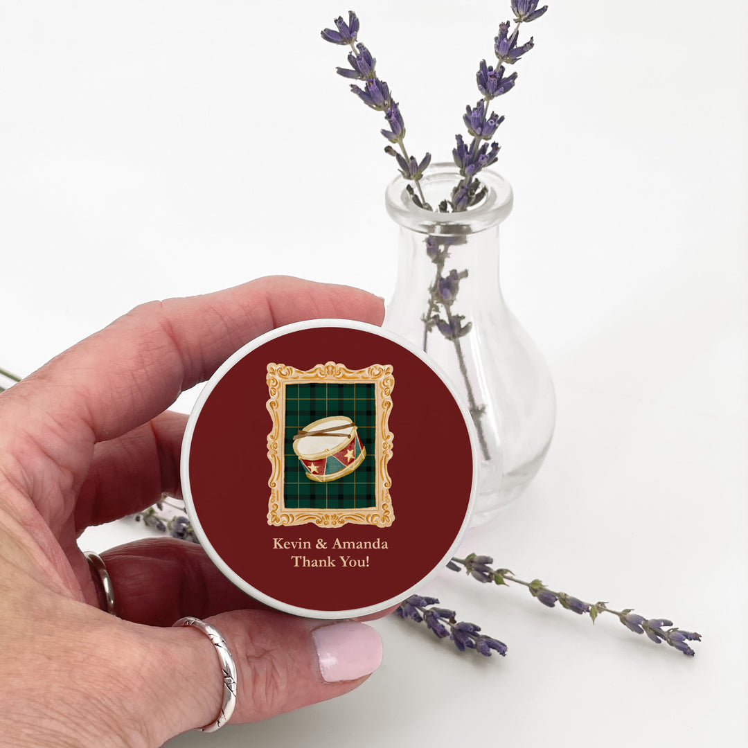 Christmas Party Favors, Custom Holiday Candle Favors, Gold Frame 2oz Mini Lavender Candles