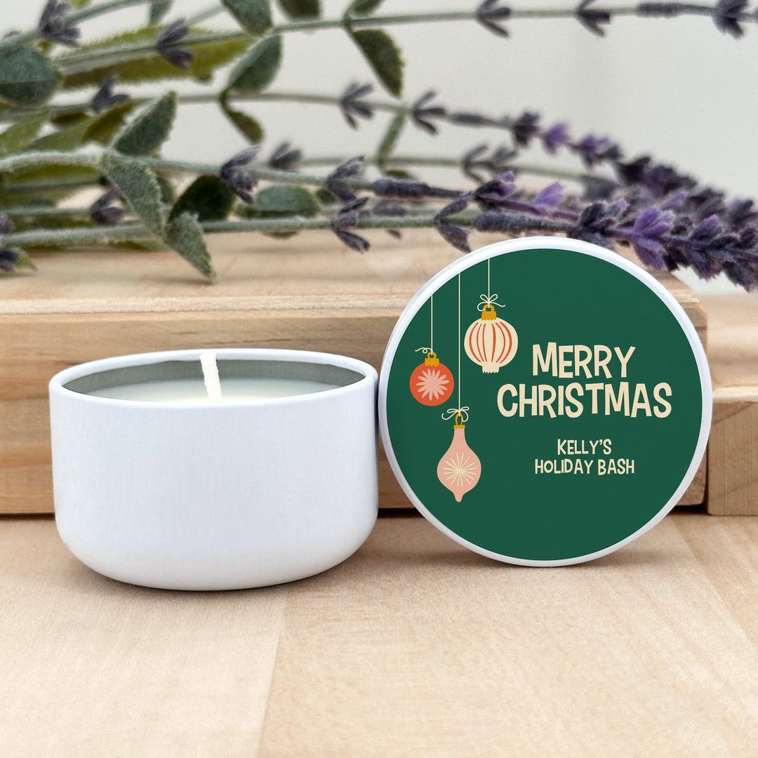 Holiday Party Favors, Custom Christmas Candle Favors, Mid-Century Christmas Candles, 2oz Mini Lavender Candles