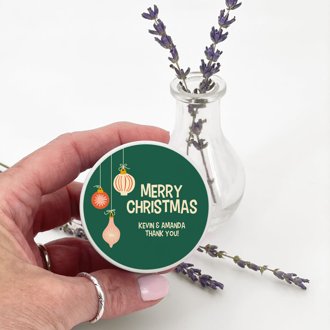 Holiday Party Favors, Custom Christmas Candle Favors, Mid-Century Christmas Candles, 2oz Mini Lavender Candles